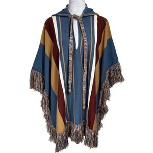 Vintage Hooded Blanket Poncho Fringe‎ Southwestern Striped Knit Boho Serape OS